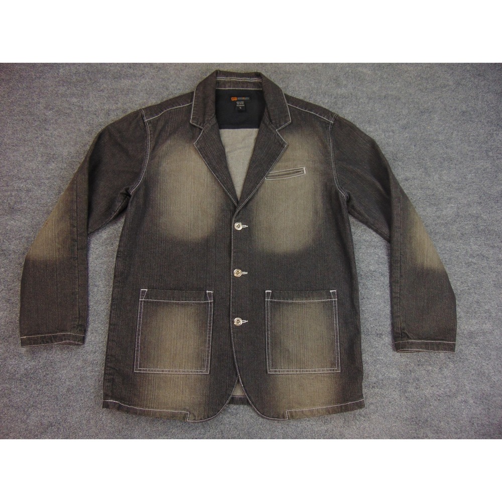 Godbody Denim Jacket Men Large Black Distress Funky Y2K Streetwear Hip Hop FLAW